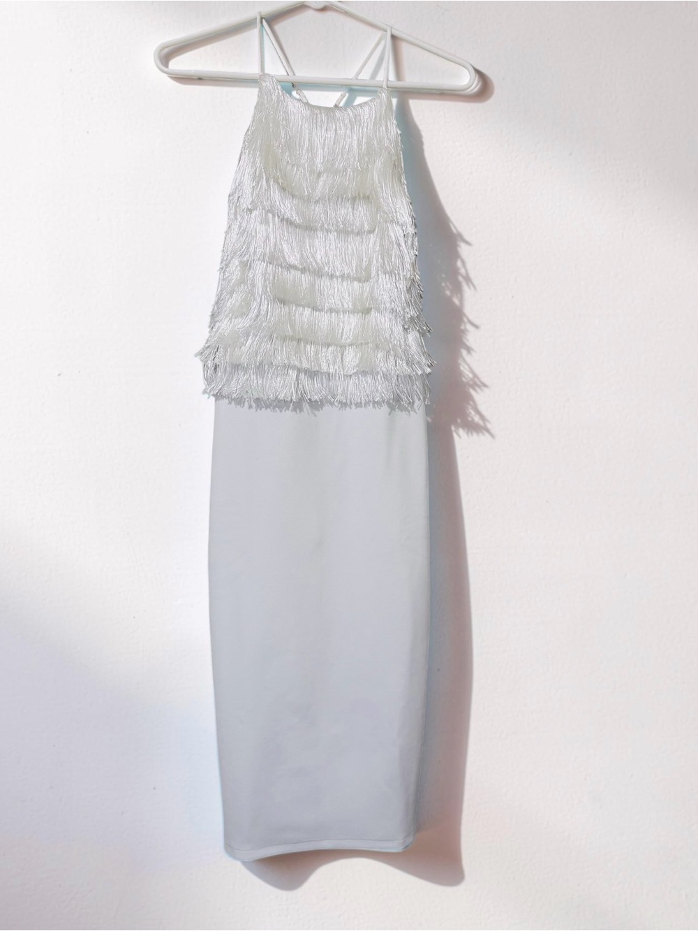 HALSTON White Fringe Halter Midi Dress Bloomingdale’s Exclusive Cocktail Dress